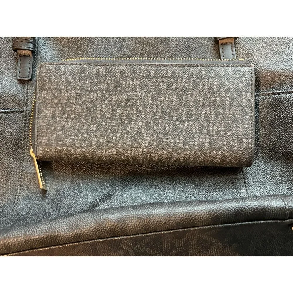 Michael Kors Black Signature Jet Set Top-Zip Tote & Wallet Bundle EUC